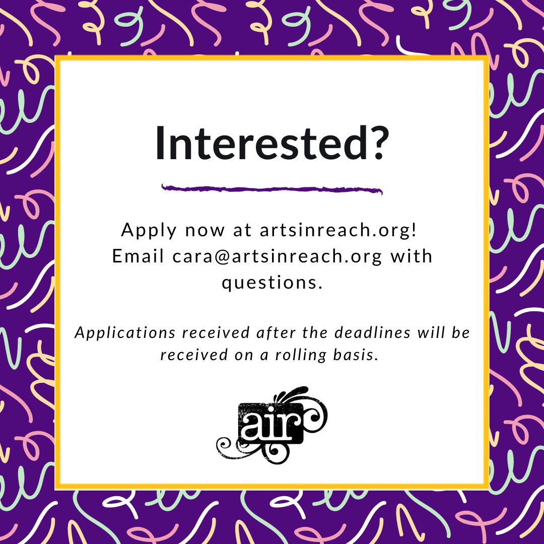 Now accepting applications for February and April Vacation Programs! We have opportunities for teen girls* 13-18, and 6th and 7th grade girls* ✨

Apply now at artsinreach.org and email cara@artsinreach.org with any questions! 🎨 🎭 ✍️ 🌟
