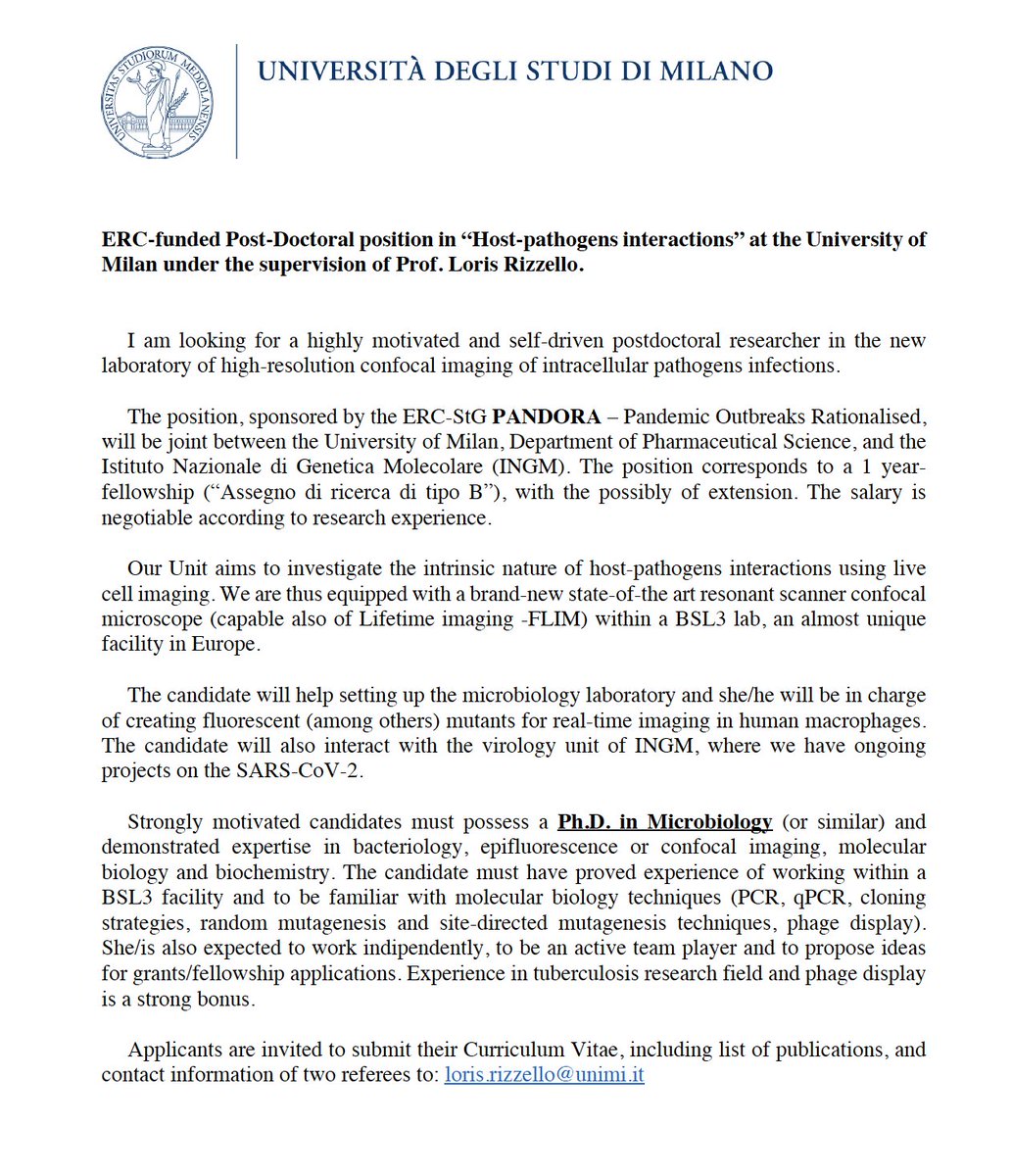 EdoardoScarpa's tweet photo. **HIRING!!**
#postdoc position available to work on an #ERC project to study host-pathogen interactions @LaStatale and #INGM. Great opportunity to work in a young and motivating environment! #microbiology #Tuberculosis 
PLEASE SHARE AND RT! https://t.co/IfQdwlhLS6