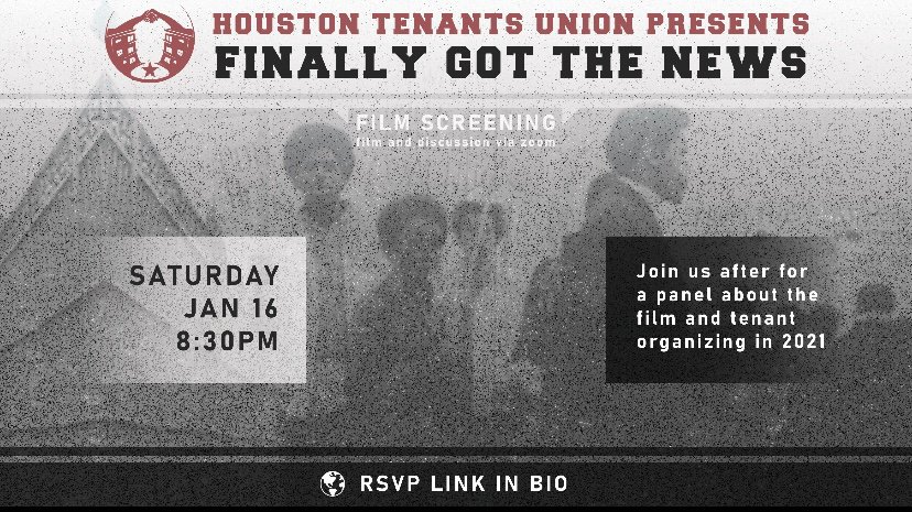 HoustonTenants's tweet photo. HTU presents a film screening of "Finally Got the News”! Join us at 8:30pm this Saturday (1/16/21) to watch this documentary that tells the story of the League of Revolutionary Black Workers and for a panel discussion following the film. RSVP below or in the link in our bio. ✊ https://t.co/D9jDN1arwh