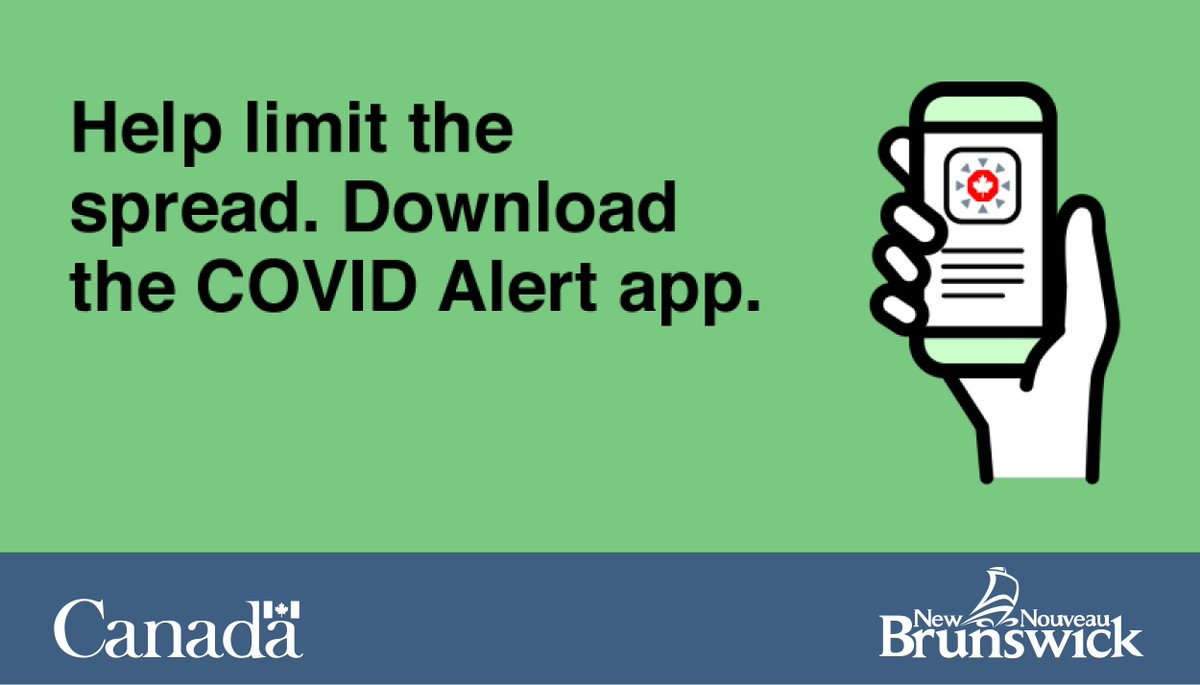 Gov_NB's tweet photo. The more New Brunswickers who install the COVID Alert app, the better we can limit the spread of COVID-19. Protect your community. Download the COVID Alert app.
Apple: https://t.co/YUCjf28qJN 
Android: https://t.co/qSmUoQ7oST https://t.co/BLNhsyYHZh