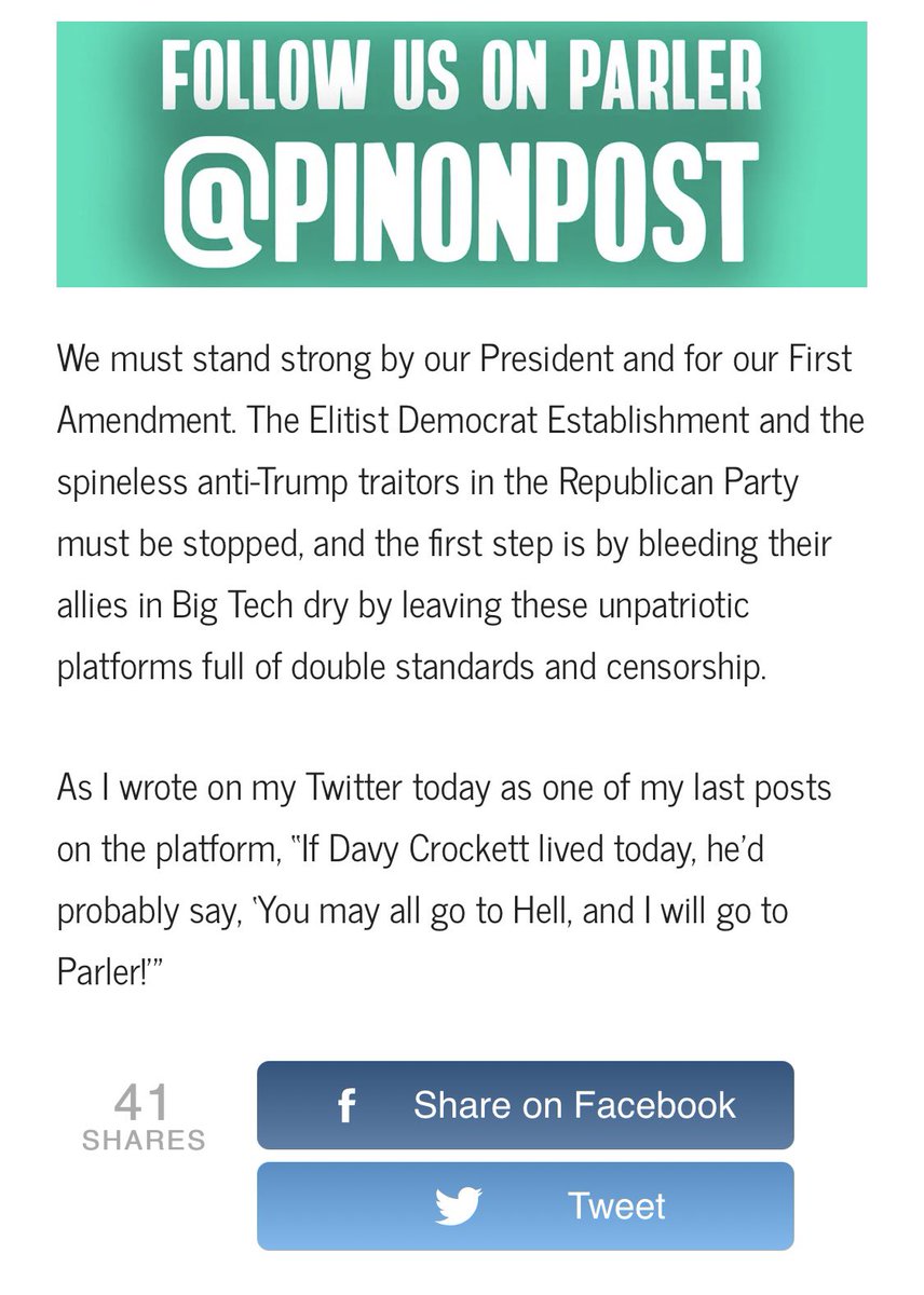 Perhaps the best part is his encouraging his followers to follow him on Parler, the now fully defunct platform that went dead last night and in doing so spilled all its backend info to anyone interested in doing the research.