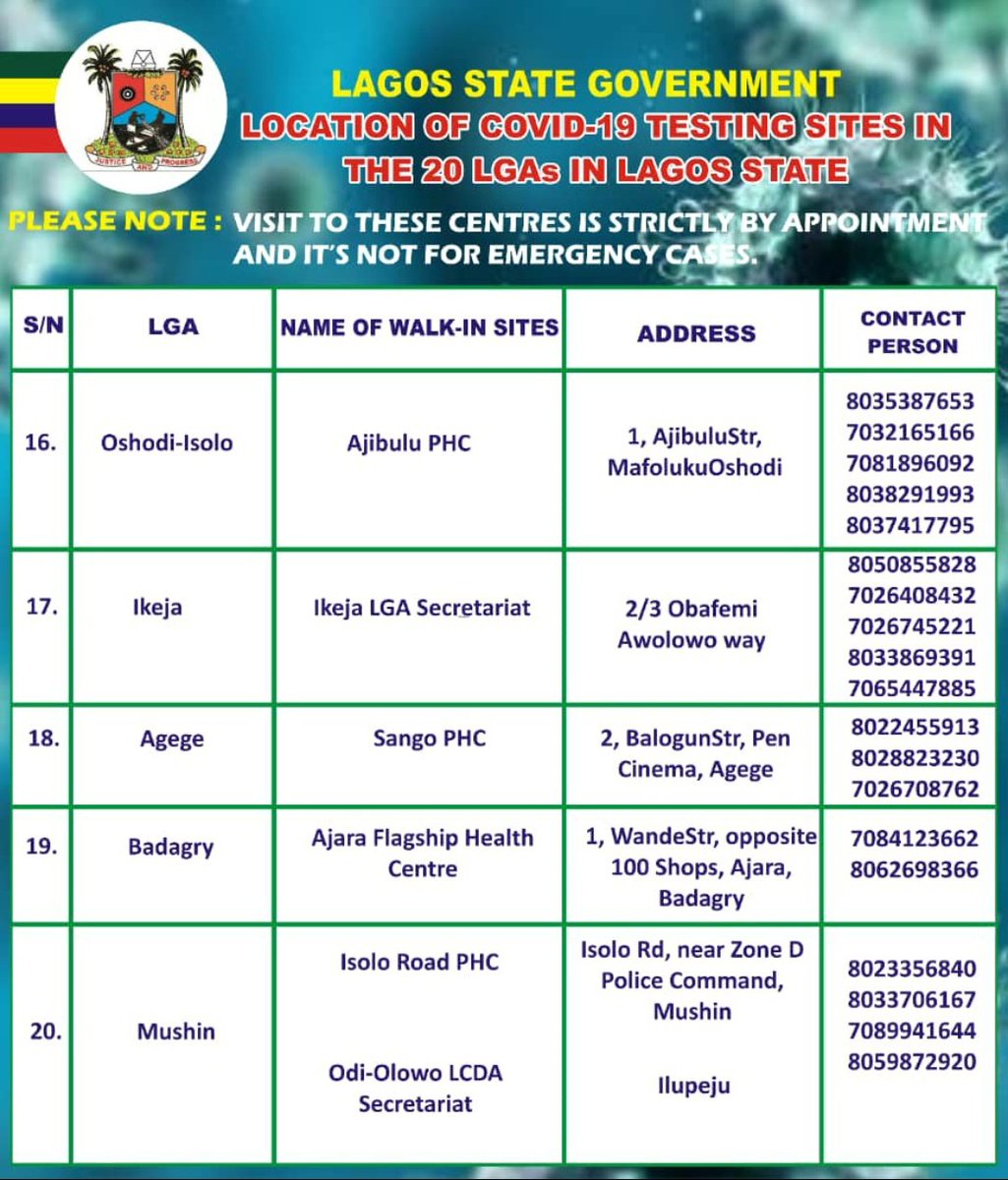 NCDCgov's tweet photo. @tenraj @Chikwe_I @Fmohnigeria @NTANewsNow @nmanigeria @NOA_Nigeria @nighealthwatch @FMICNigeria @IANPHIhealth @AfricaCDC @PTFCOVID19 Dear @tenraj 

Kindly reach out to the COVID-19 testing centre closest to you in the images attached. https://t.co/4IL59Sp81d