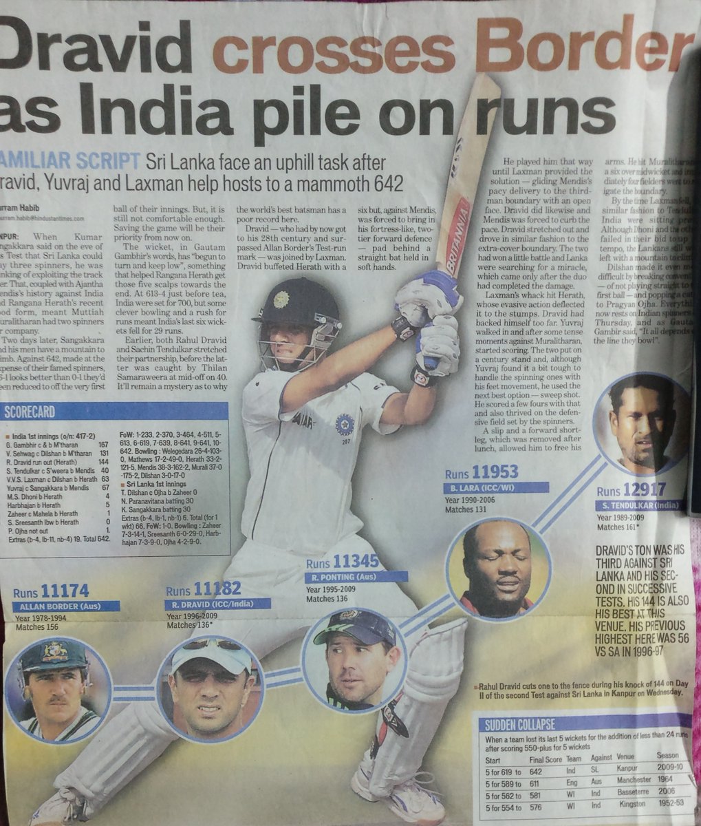 The series in which we became rank 1. Peak Dravid. Scored 170+ in the first test to save us after 32/4. Scored 133 in the second to get out to a runnout after Laxman hit the ball straight at Herath. (Look at that top order in the scorecard).