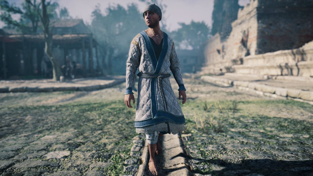 Interestingly, I saw many men wear gambeson-like fabric (the diamond-shaped fabric here). Used to protect armor wearers, gambeson jackets consisted of layers of linen and thick wool. We don't know that they were worn daily, but illustrations from later periods (13th?) seem to...