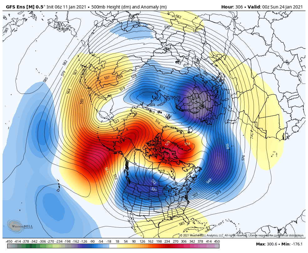 LR THREAD: Next 7+ days will be rather benign, but I'm confident this will change not only to colder temps than this week, but also colder than average, and a more active precip pattern. Attached is an image of expected 500mb height anomalies on the GEFS on 1/23 at 7:00pm (1/X)
