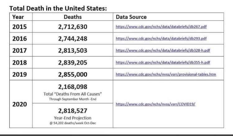 DrKellyVictory's tweet photo. Here are the preliminary projections folks. As I’ve said since February, when we look at total # of deaths from all causes in calendar year 2020 vs previous years, the delta will be minimal. #FactsNotFear ⁦@KABCRadio⁩ ⁦@Johnnydontlike⁩ ⁦@JDShuttlesworth⁩ ⁦ https://t.co/8FK3AMIkMs