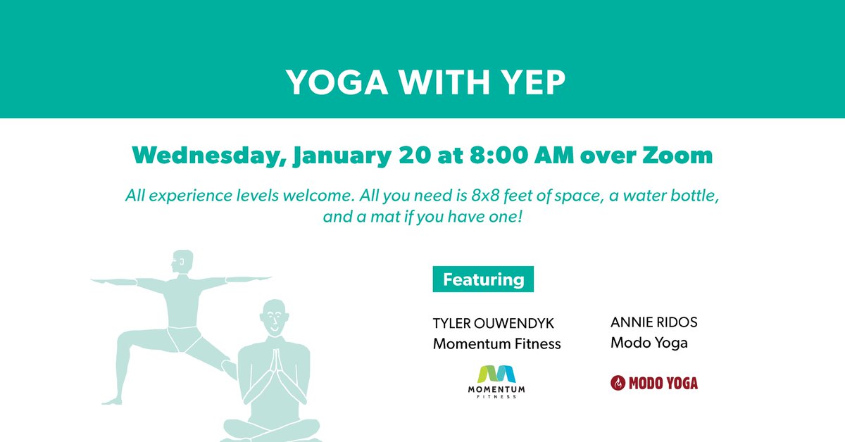 Ah, 2021. Welcome back to that work from home life - aka sitting at every uncomfortable spot in the house to handle those daily emails. A morning stretch is much needed! 🧘‍♀️🧘‍♂️

Join us for Yoga with YEP next week to start your day off right! Register here: us02web.zoom.us/meeting/regist…