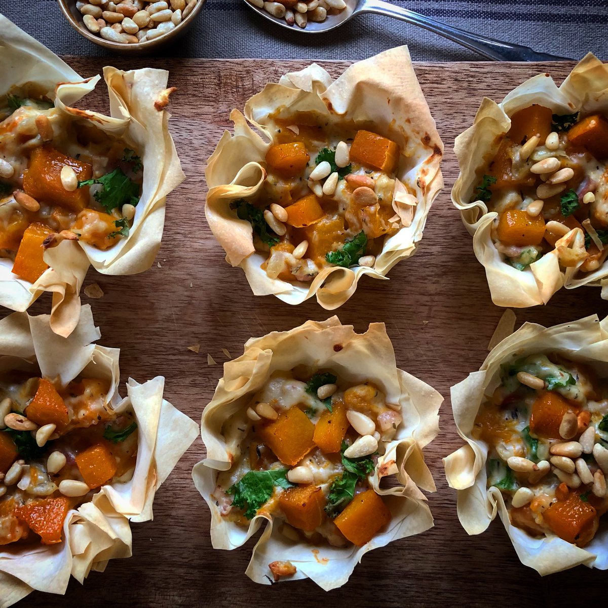 MyKitchenWoodl2's tweet photo. Roasted Butternut Squash, Bacon and Kale Filo Tarts - more info and a poorly written (rough) method on our Instagram (blames homeschooling!) 😬 #homeschooling #foodblog #newtothis https://t.co/r6mHK5usXK