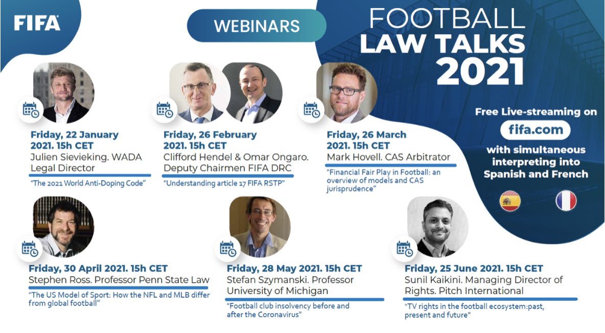GarciaSilvero's tweet photo. Today, we launch the FIFA FOOTBALL LAW TALKS 2021.

A series of 6 webinars on relevant football law topics with 🔝 international speakers.

🎯 Free of charge

💻 Live-streamed on https://t.co/ltEfJmzihi

 🔈 Simultaneous translation into 🇪🇸&amp;🇫🇷

Info 👇 

https://t.co/pg4U6arBu5 https://t.co/oof3JVIWE4