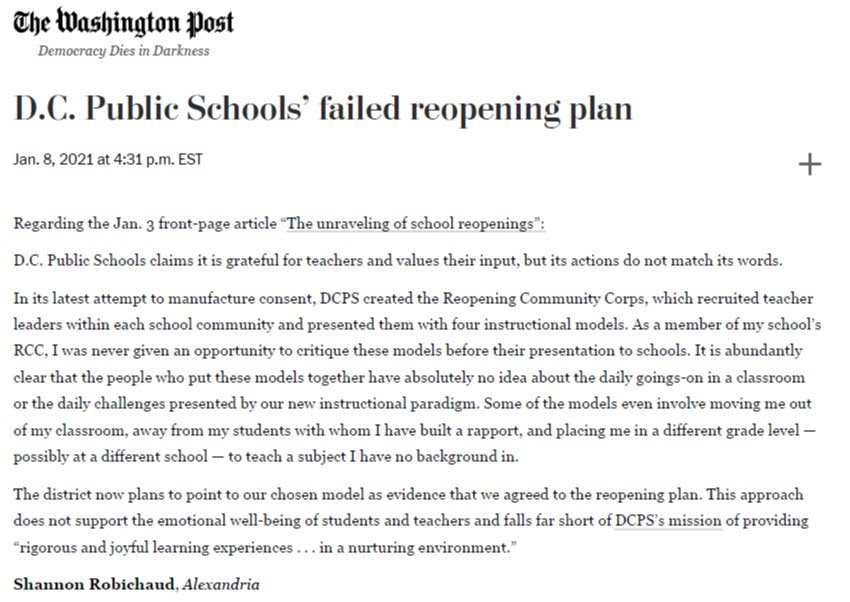 sroby25's tweet photo. Last Friday, my Letter to the Editor was published in the Washington Post. This letter is part of a longer piece that I wrote to express my frustration &amp; disgust with DCPS' current reopening plan.

I'm sharing this longer piece now because time is of the essence. See thread 👇 https://t.co/j7iuPIp3zr