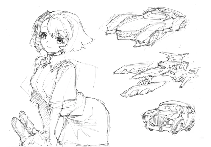 A4ラクガキ
パンを持った女の子と創作車3点。
女の子は頭から描きだしてそのまま無計画に体を描いてポーズを取りパンを加えました。
キャラが全く思い浮かばなかったので適当に思いついた車でスペースを埋めてます。車のラクガキなんてほんとに久しぶりでしたが楽しめました。大きく描けば良かったな 
