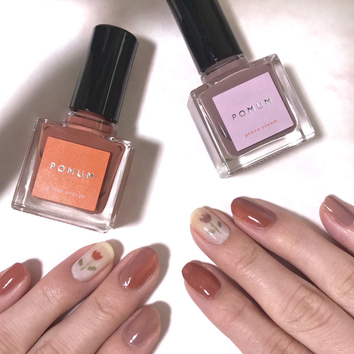 たな Pomum Bitter Orange Prune Cream でチューリップネイル 両手の親指はpomumの ２色でマーブルにしてます あとlunasol 09 Daydreamとosaji X05 Espritも少し使ってます Pomumは1本でもかわいいしアレンジもできるし本当に買ってよかった