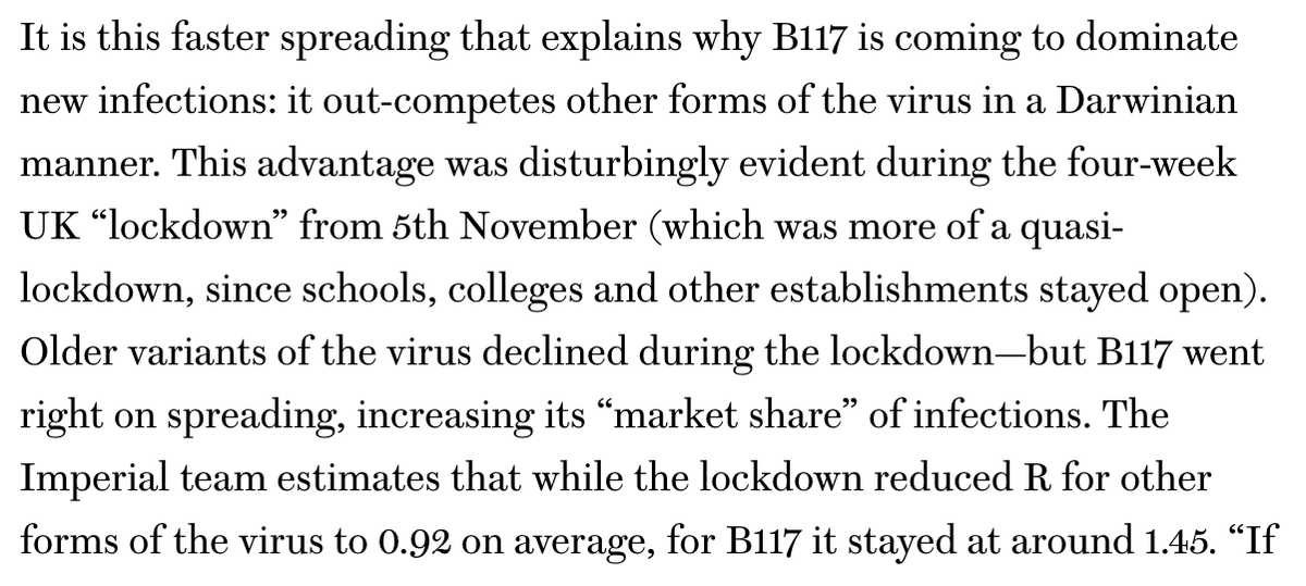 7/ It means that during the UK's lockdown in November, R, which is the average number of people an infected person will themselves infect, sank to 0.92 for the "normal" variant, but only 1.45 for B117.