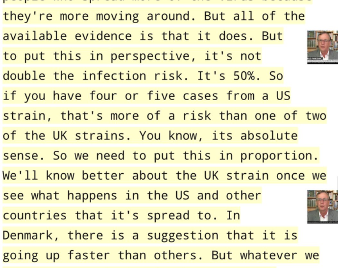 5/ The next one is startling. He minimises the importance of the highly transmissible B117 strain by saying "It's only 50% more, not double the risk". This betrays a total misunderstanding of the exponential nature of infectious disease transmission.