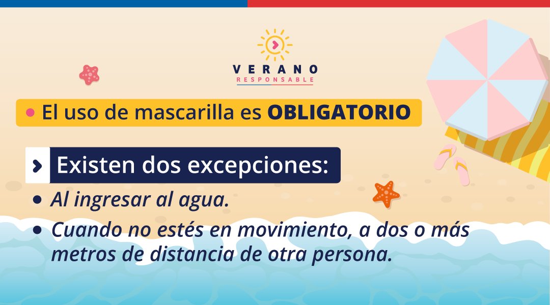 GobiernodeChile's tweet photo. Porque queremos que este verano🏖️ disfrutes de manera segura y responsable, te informamos aquí sobre las medidas de autocuidado que debes cumplir si vas a la playa ☀️ Para mas información, visita https://t.co/Ovn2CfAVnK

#VeranoResponsable https://t.co/IdI0VZHuNo
