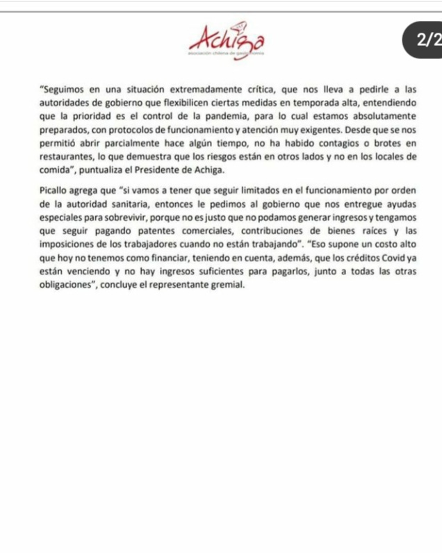 Comunicado de prensa de la Asociacion Nacional de Gastronomia.