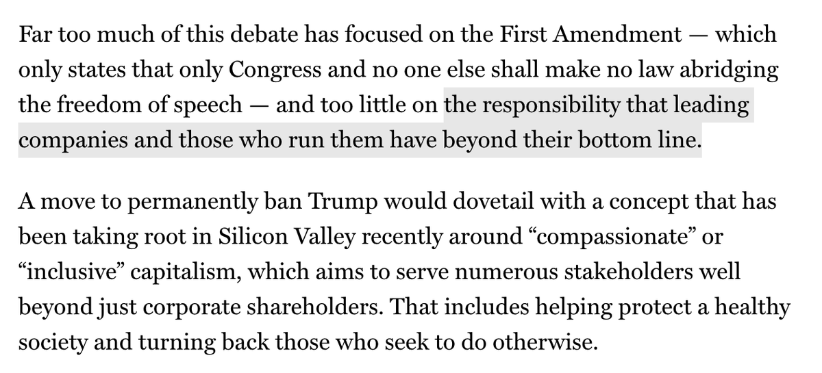 profgalloway's tweet photo. "Far too much of this debate has focused on the First Amendment—which only states that only Congress and no one else shall make no law abridging the freedom of speech." #FB #Twitter are  private companies &amp; can run their services as they like
@karaswisher

https://t.co/fjUrkj5zGU https://t.co/Npn0n0Kj88