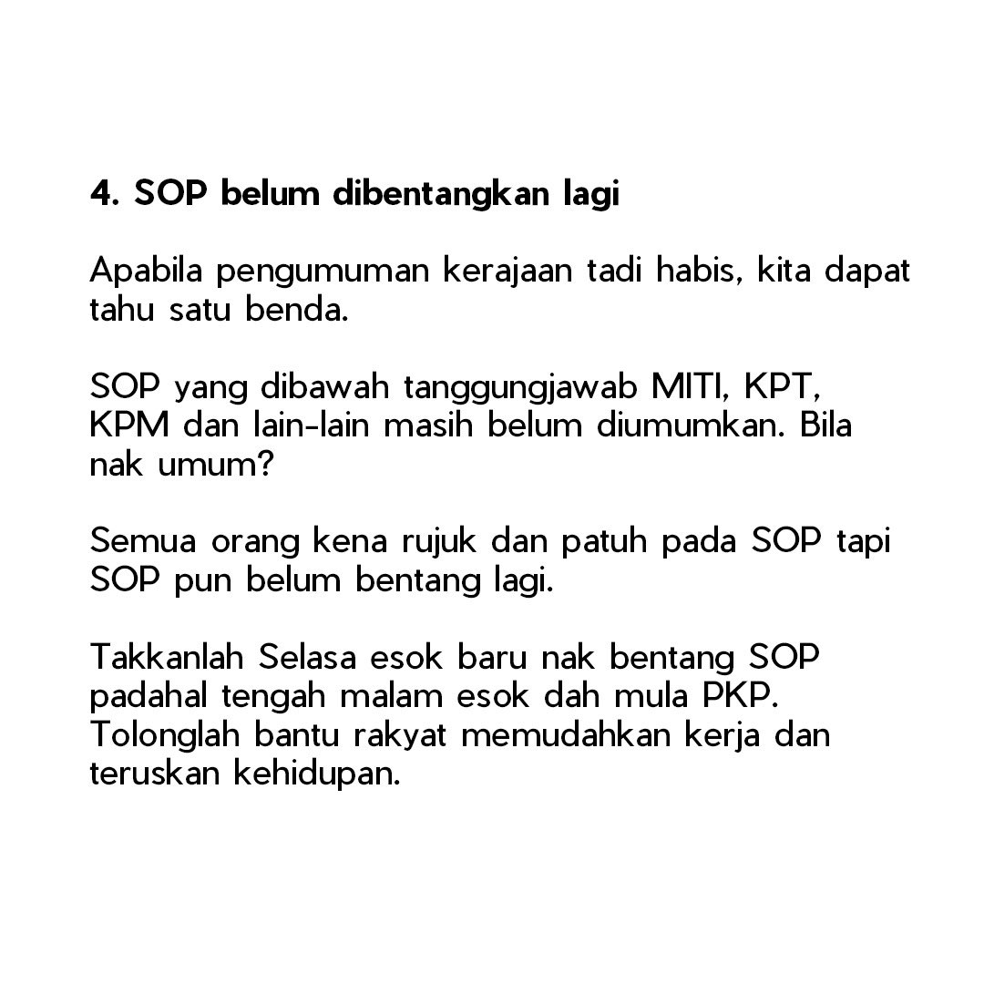 SyedSaddiq's tweet photo. Ulasan dan kerisauan saya berkenaan PKP yang diumumkan sebentar tadi. 

Kerajaan kena beri bantuan wang kepada rakyat, perlindungan moratorium secara menyeluruh &amp; segera bentang SOP dari setiap kementerian yang berkaitan. 

Pengumuman last minute begini janganlah dibuat lagi. https://t.co/2aWNi6yGH9