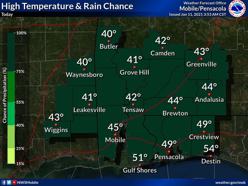 NWSMobile's tweet photo. Definitely a chill in the air to greet your Monday morning with widespread light rain spreading across the area. The rain will taper off from west to east throughout the day, but high temperatures will only reach the 40s as low clouds persist. https://t.co/njapLO7rST