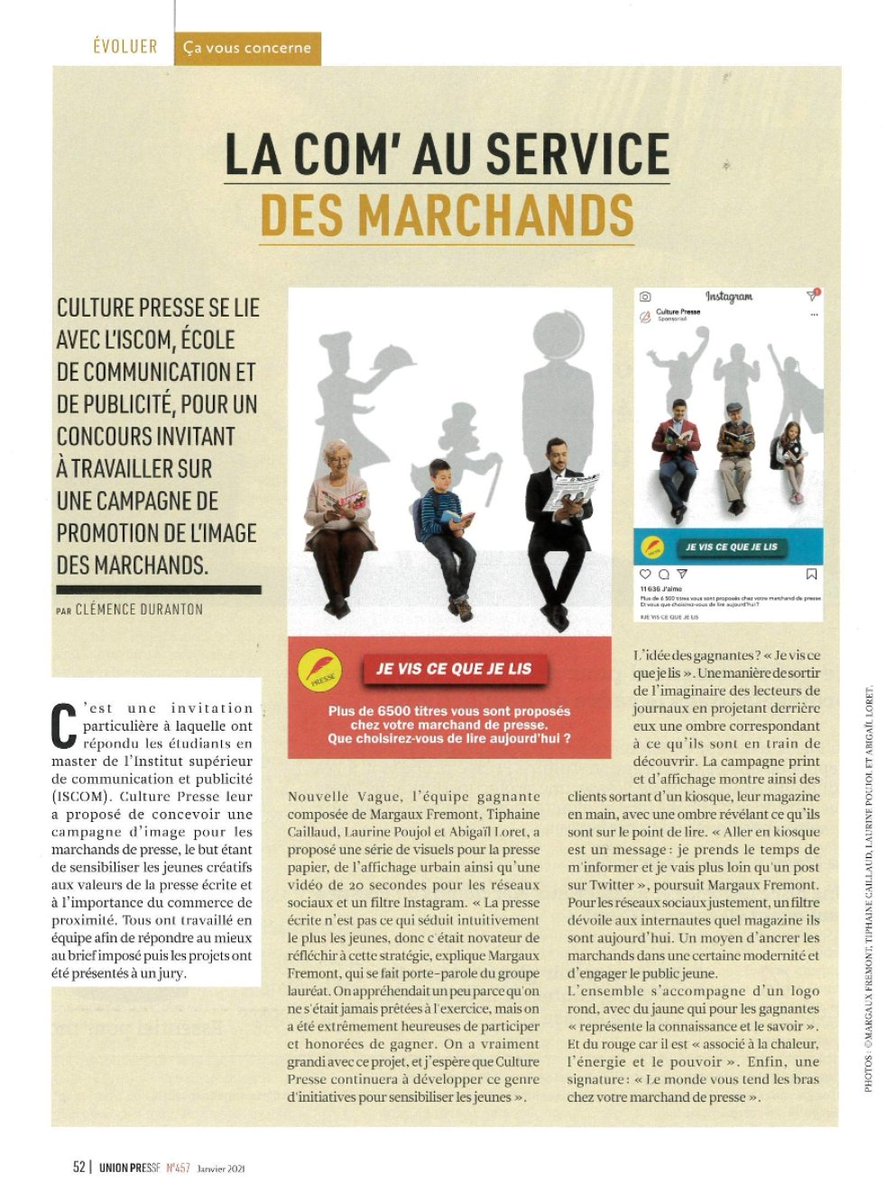 iscom's tweet photo. #Parlonspro
Dans le cadre d'une compétition sur la marque @Culture_Presse, les étudiants de 4ème année du campus de #Paris ont eu à imaginer une campagne pour les marchands de presse, afin de sensibiliser les jeunes créatifs aux valeurs de la presse écrite 😃 !
#WeAreISCOM https://t.co/HNbKq01hOF