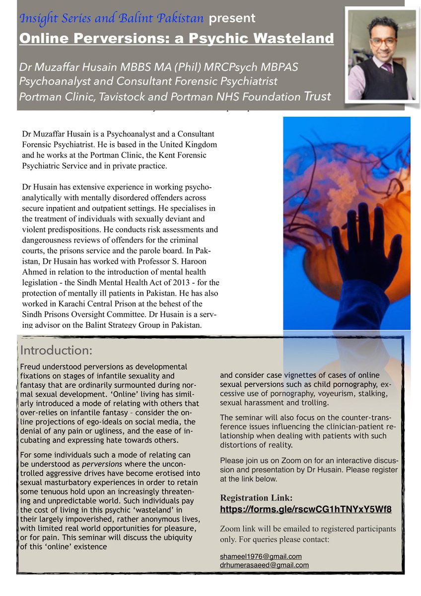 compassioncouch's tweet photo. Welcome to the academic platform "Insights" from Balint Pakistan
Mark the date 6th Feb 21, 16:00 hours PST
Webinar on "Online Perversions-a psychic wasteland" by Dr Muzaffar Husain

For registration:
https://t.co/DwiFfaAEey

#compassioncouch #mentalhealth #therapy #BalintPakistan https://t.co/SUIzl5DV9o