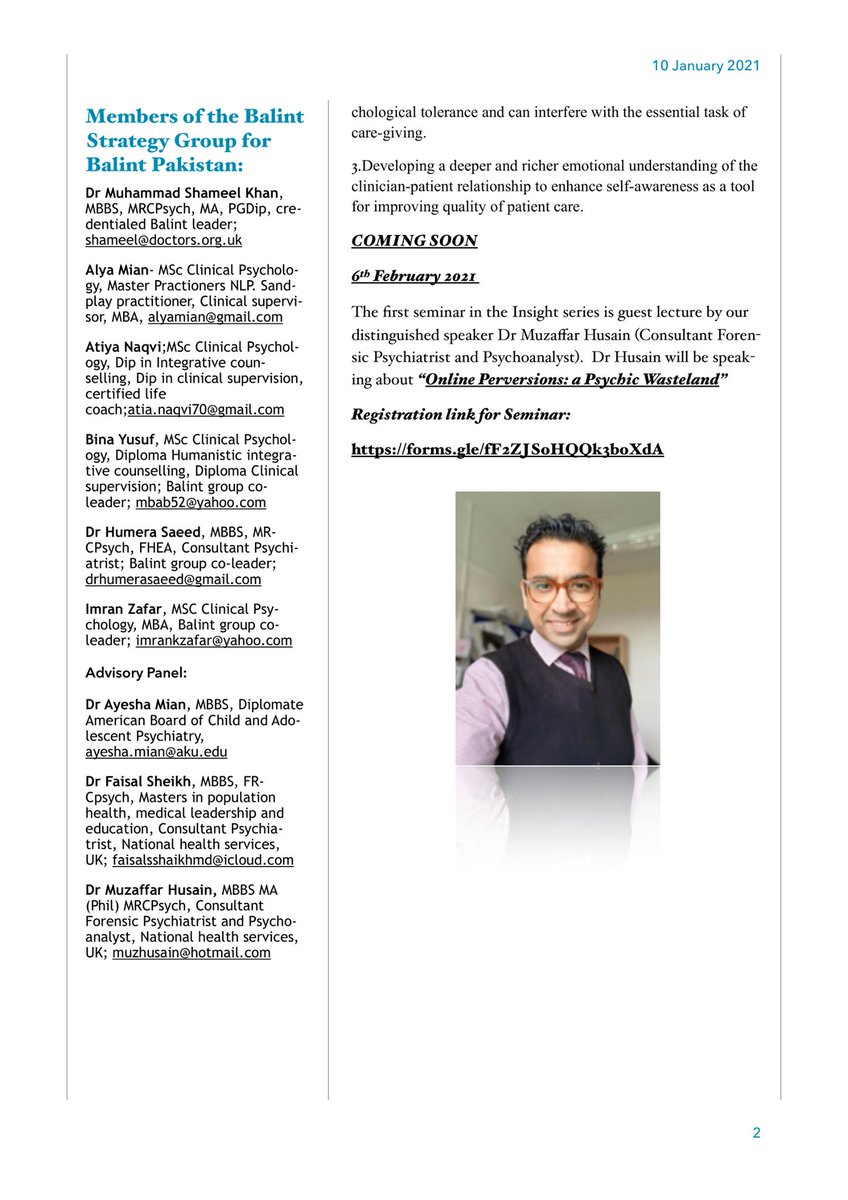 compassioncouch's tweet photo. Welcome to the academic platform "Insights" from Balint Pakistan
Mark the date 6th Feb 21, 16:00 hours PST
Webinar on "Online Perversions-a psychic wasteland" by Dr Muzaffar Husain

For registration:
https://t.co/DwiFfaAEey

#compassioncouch #mentalhealth #therapy #BalintPakistan https://t.co/SUIzl5DV9o