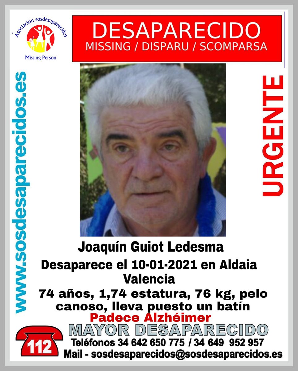 ⚠️#MUYURGENTE 🆘
Joaquín es un #mayor que padece #Alzhéimer y ha #desaparecido en  Aldaia #Valencia
Si le ves llámanos
☎️062
☎️091
☎️112
Tu RT le ayudará
