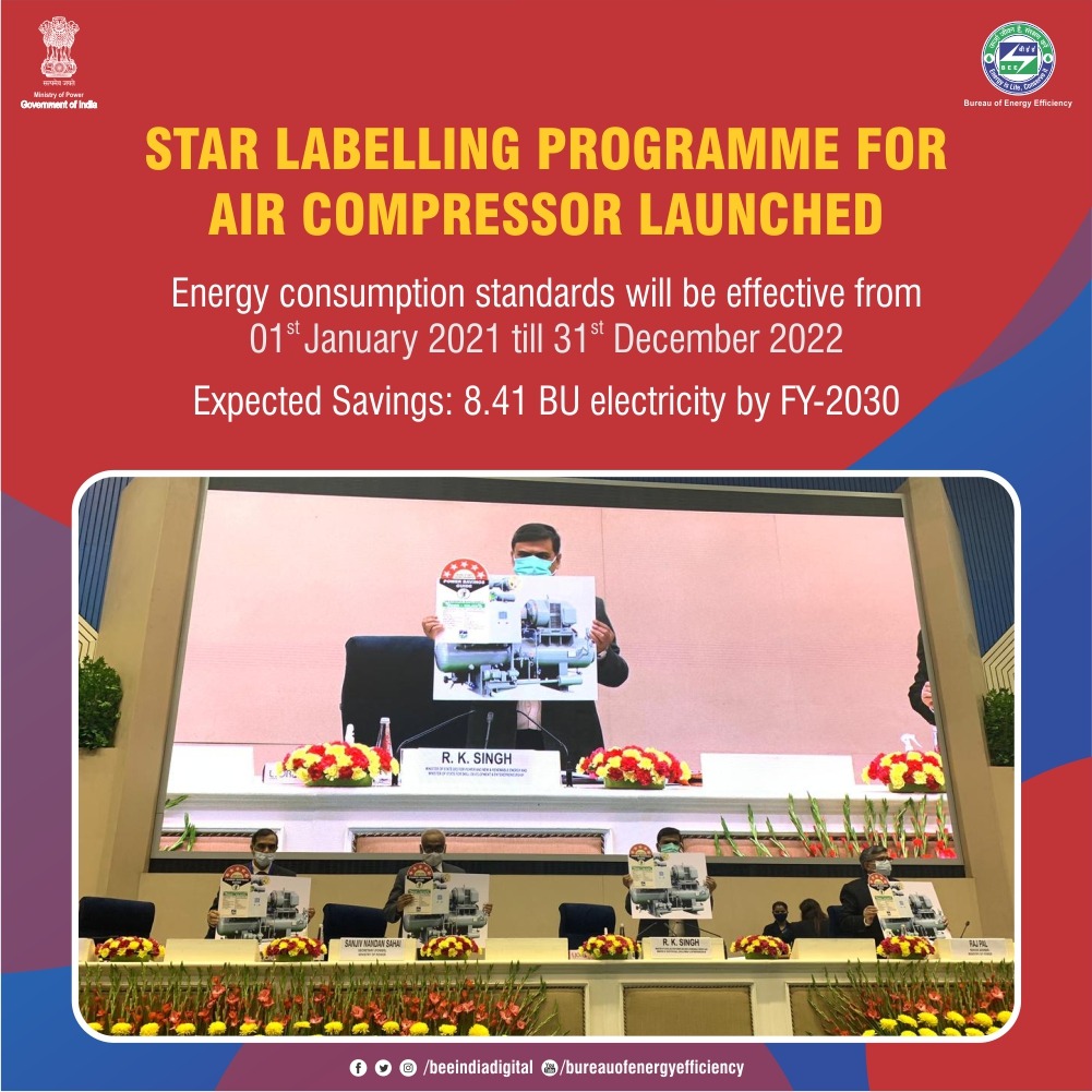 beeindiadigital's tweet photo. Hon’ble MoS (I/C) for Power, New and Renewable Energy and MoS for Skill Development &amp; Entrepreneurship, Shri R K Singh, today launched the #StarLabelling programme for Air Compressors &amp; UHD TV under Voluntary regime. #NECA2020 #NECAwards2020 https://t.co/OnJ5d5EM5L
