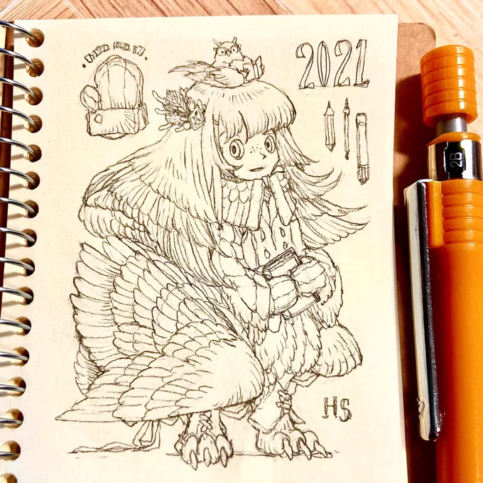 ミニクロッキー帳イラスト。『寒がり鳥人さん』 