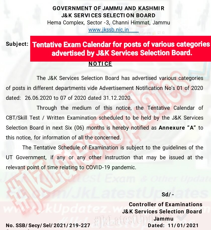 Jklatestupdates J K Ssb Tentative Calendar Of Examinations Scheduled To Be Held By J K Services Selection Board For Posts Of Various Categories Advertised Vide Notification No 01 Of To