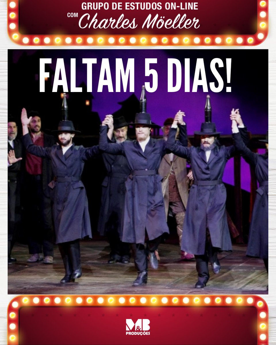 Faltam só 5 dias para o início do GRUPO DE ESTUDOS ON-LINE - REPERTÓRIO MÖELLER &amp; BOTELHO! O Curso será ministrado por Charles Möeller em encontros virtuais, aos sábados, através do Zoom.
De 16/01 a 06/03 2021; Sáb de 14h às 18h;
📌 Inscrições: 
cursos@moellerbotelho.com.br