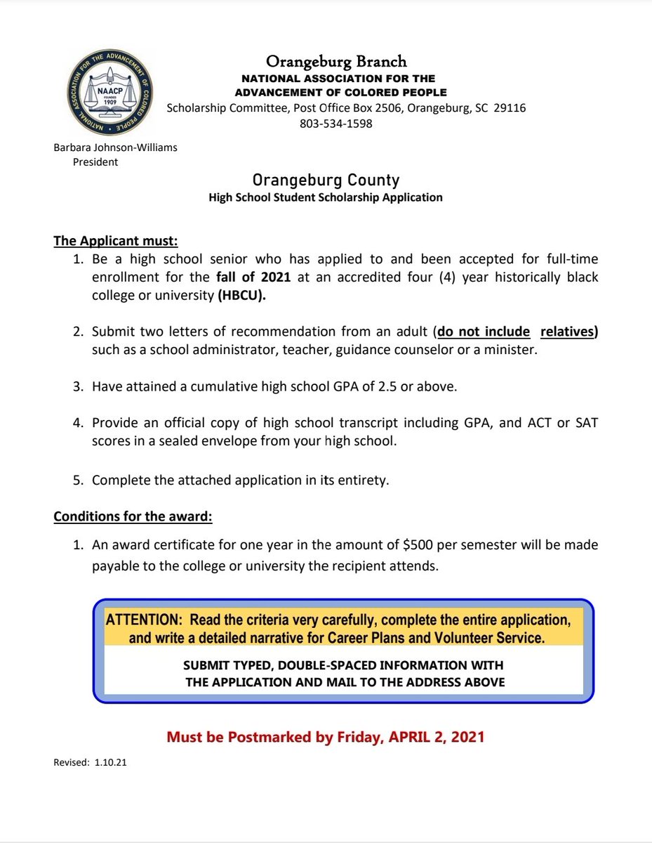 Please review this scholarship information below and apply. The deadline is April 2, 2021. If you have any questions, please let me know.