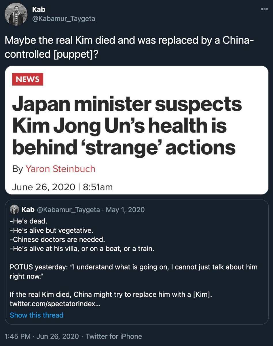 Like a child playing war with action figures, but it's China making real wars with controlled clone-puppets... Trump was able to 'cut the strings' for Kim and this is why they were friendly. Then the rumors came - Kim was in a coma, missing or dead. He hasn't been the same since.