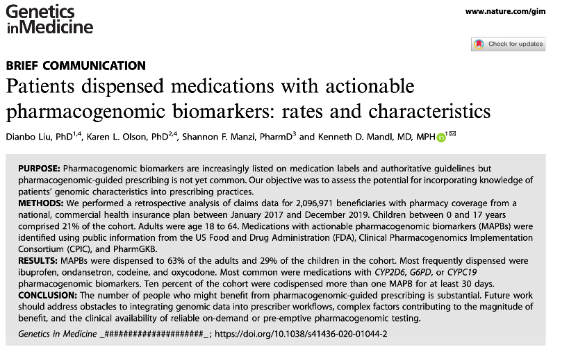 Over two years, 63% of adults &amp; 29% of children are dispensed medications with recommended gene-based prescribing modifications. 

Pharmacogenomic-guided prescribing is low hanging fruit for improving medication safety. 

<a href="/GIMJournal/">Genetics in Medicine</a> @smanzi2 <a href="/DianboLiu/">Leo Dianbo Liu</a>  nature.com/articles/s4143…