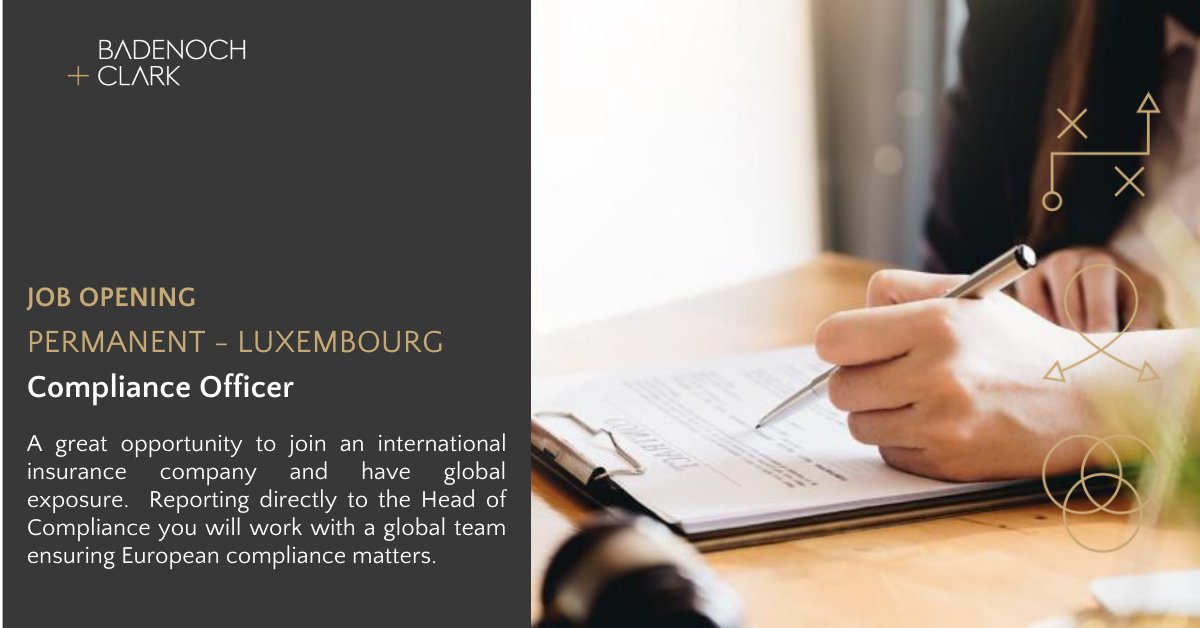 BadenochClarkLU's tweet photo. [New Job📣] Starting the week with a great #opportunity for a #compliance officer in the #insuranceindustry. Contact catalina.gaviria@badenochandclark.lu @BadenochClarkLU  or hit the link➡️https://t.co/cfHl3o9W7X
#badenochandclarkluxembourg #permanentrecruitment #alwaysgofurther https://t.co/7G0VNypFdT