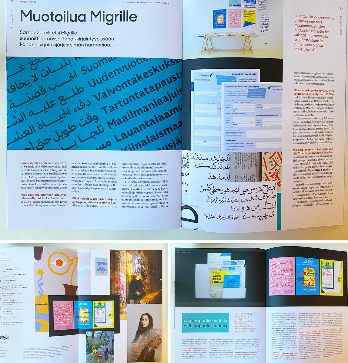 SamarZureik's tweet photo. I am pretty stoked and grateful to see Tirhal typeface getting such a nice feature in Grafia magazine. Grafia is the Association of Visual Communication Designers in Finland.  I have been lucky to have attended @esadtype_amiens typedesign post-diploma to make Tirhal happen <3 https://t.co/6HKXThdDAW