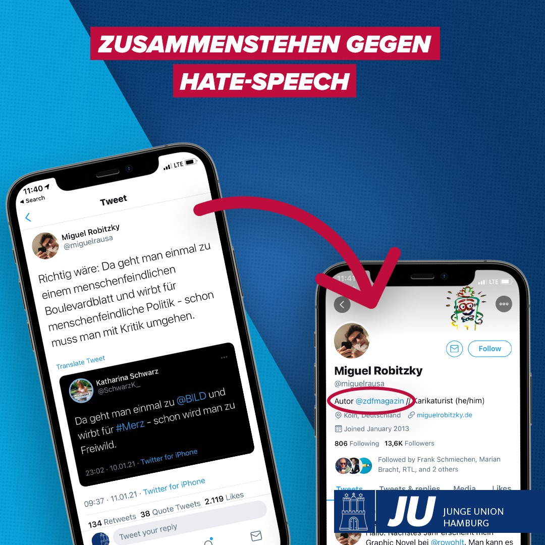 JUHamburg's tweet photo. Gemeinsam gegen Hasskommentare! Wir stehen voll hinter unserem Mitglied @SchwarzK_ ! Dass ein Autor des @ZDF auch noch weiter Öl ins Feuer gießt und derartiges Victim-Blaming betreibt, ist schwer zu ertragen. https://t.co/au5LZYK1Oh