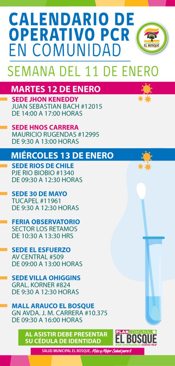 munielbosque's tweet photo. 🚨 Calendario Operativo Toma Examen PCR Gratuito en Comunidad🚨
🗓️ #OperativosPCR.
Si tienes sospechas por síntomas o has estado expuesto a posibles contagios acércate a estos puntos en los horarios indicados, recuerda que debes presentar tu cédula de identidad. 👇🏻 https://t.co/3GgADigIRV