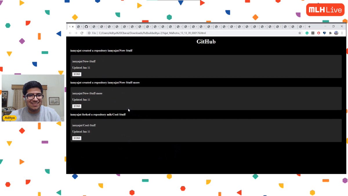 iamyajat's tweet photo. Took part in LHD's !Light event and it was really fun!!
We had to recreate GitHub's webpage without any tools, in just a plain code editor and within 10mins.

#LocalHackDay @MLHacks https://t.co/15iqKksjtM