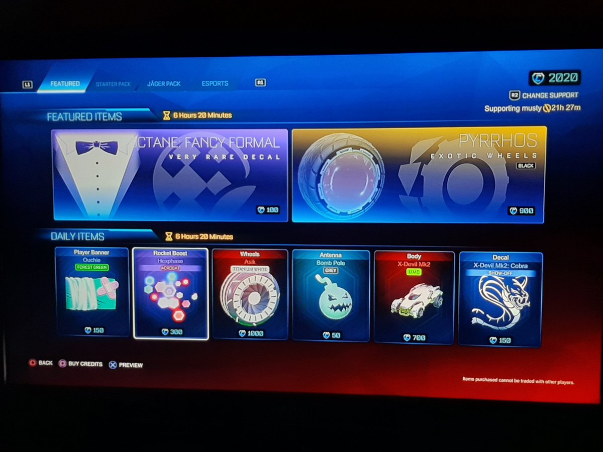 RocketShop_'s tweet photo. 11/1/21

FEATURED
Octane: Fancy Formal 100cr
Black Pyrros / 900cr

DAILT
Green Ouchie / 150cr
Orange Hexphase / 300cr
White-InfiniteStriker Asik / 1000cr
Grey Bomb Pole / 50cr
Lime XDevil Mk2 / 700cr
White Xdevil Mks: Cobra / 150cr https://t.co/Y5AhLtCDpw
