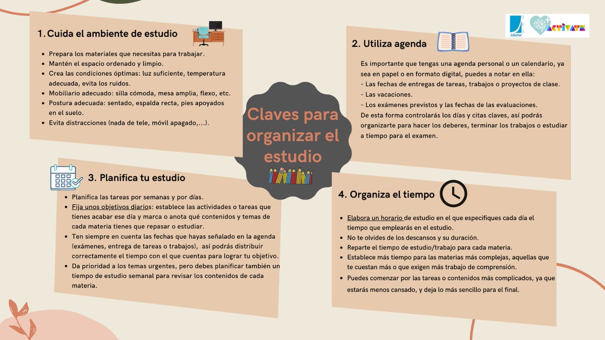 OrientacinJlam1's tweet photo. Consejos para una adecuada gestión del tiempo en este escenario III. #programaactívate @IESJalama https://t.co/2Q8kFESD6u
