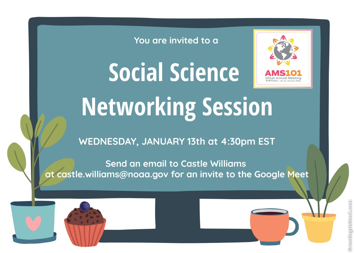 <a href="/climatewmargs/">Margaret Orr Hoeflich, PhD</a> @AMSStudentConf <a href="/KHayhoe/">Prof. Katharine Hayhoe</a> <a href="/kimklockow/">Kim Klockow McClain</a> <a href="/jenjhenderson/">Jen Henderson</a> Hi everyone! Here is the social science networking hour information! I hope you all can attend =)