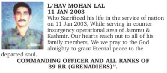  #ObituaryOfTheDayHav Mohan Lal, 39 RR(Grenadiers)On verge of being forgotten.This obit was last published in 2012