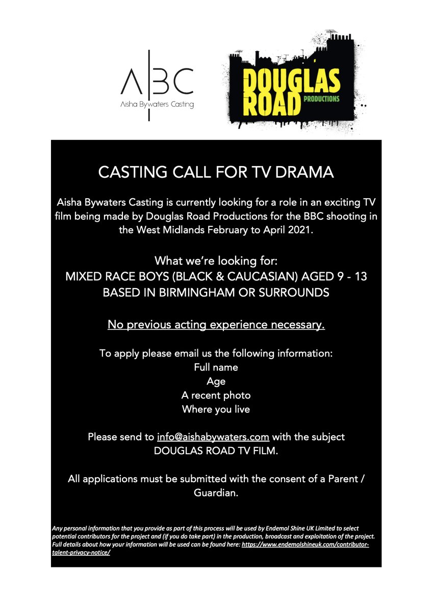 AishaCasting's tweet photo. Casting Call - Great opportunity for young boy interested in acting: BBC TV casting call for 9 -3 yr old mixed race boy based in the Midlands. More details on flyer. #newtalent #actor #film #paid #casting #opencall #castingcall #children https://t.co/yC6y0bI2ez