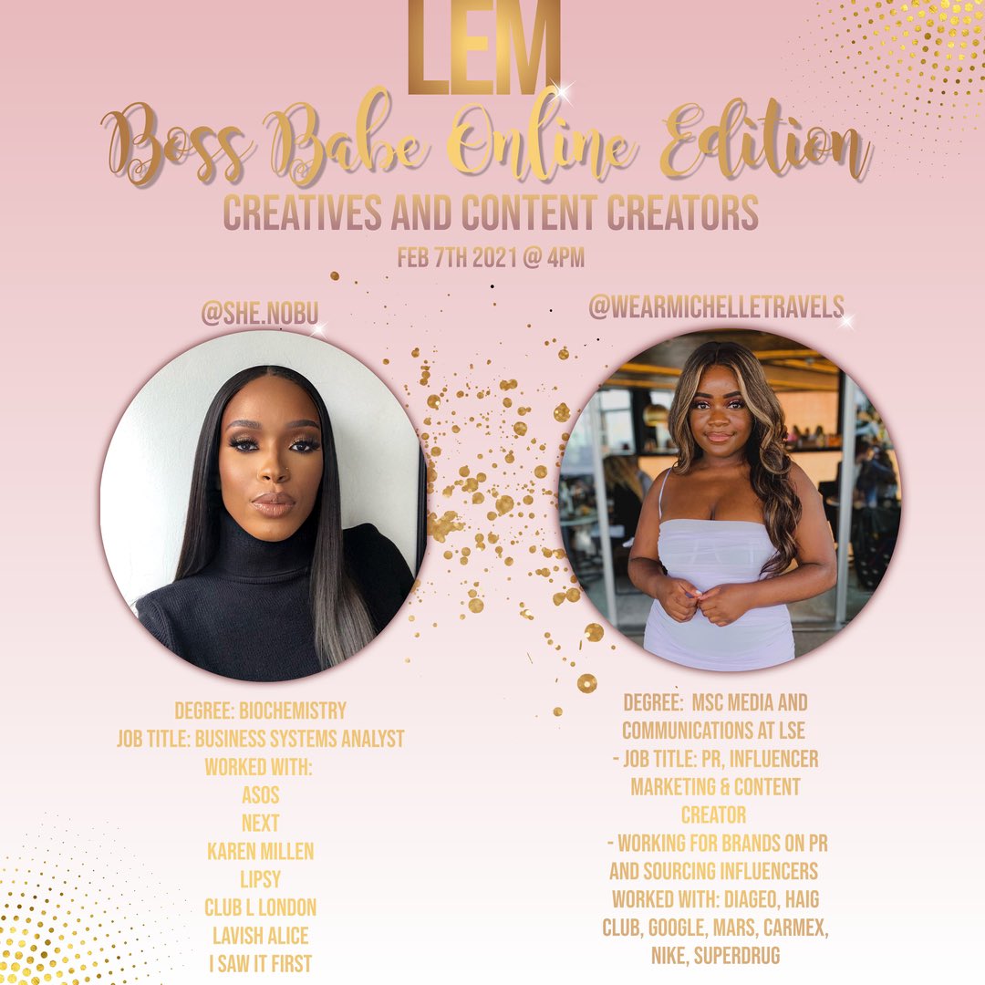 melissanoma_'s tweet image. Super excited to be hosting the lovely @shee_nobu &amp;amp; @wearmichtravels as part of our @lemqueens Boss Babe #OnlineEdition exploring all things creatives and content creators! 

Follow LEM on IG: @lemqueens 
Visit LEM: lemqueens.co.uk
To keep updated with LEM &amp;amp; our workshops