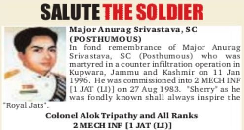  #ObituaryOfTheDayMaj Anurag Srivastava, Shaurya Chakra (Posth), 2 Mech Inf (1 JAT).Earned martyrdom, and immortality, this day 25 yrs ago