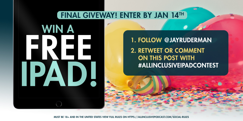 JayRuderman's tweet photo. FINAL WEEK TO WIN A #FREE IPAD!

This is your last chance—don't miss out on winning an iPad! Enter by this Thurs @ 11:59P ET

To enter, FOLLOW this page (@JayRuderman) and COMMENT on this post with the hashtag #allinclusiveipadcontest

Good luck!

Rules: https://t.co/0U2cwhyPlG https://t.co/Kd1dXXp4cV