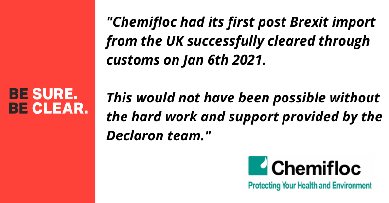Declaron_Int's tweet photo. We're glad we could help another Irish business like Chemifloc keep their goods moving! If you're concerned about #customs post #Brexit, get in touch now to minimise red routing. https://t.co/OxYe55ajmi https://t.co/7WjxjmBDan