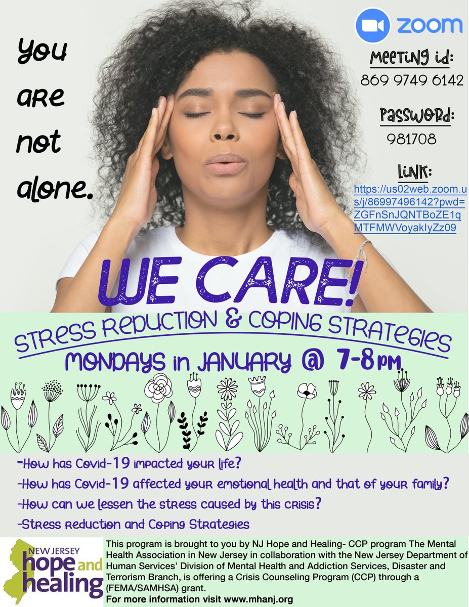 MHANJ (@mhanj1) on Twitter photo What. A. Time. You are not alone. Join us this evening 1/11 at 7:00pm on Zoom--we will discuss how COVID is impacting our lives as well as coping strategies and ways to reduce stress. #mentalhealthmatters <a href="/NJDHS/">NJHumanServices</a> What. A. Time. You are not alone. Join us this evening 1/11 at 7:00pm on Zoom--we will discuss how COVID is impacting our lives as well as coping strategies and ways to reduce stress. #mentalhealthmatters <a href="/NJDHS/">NJHumanServices</a>