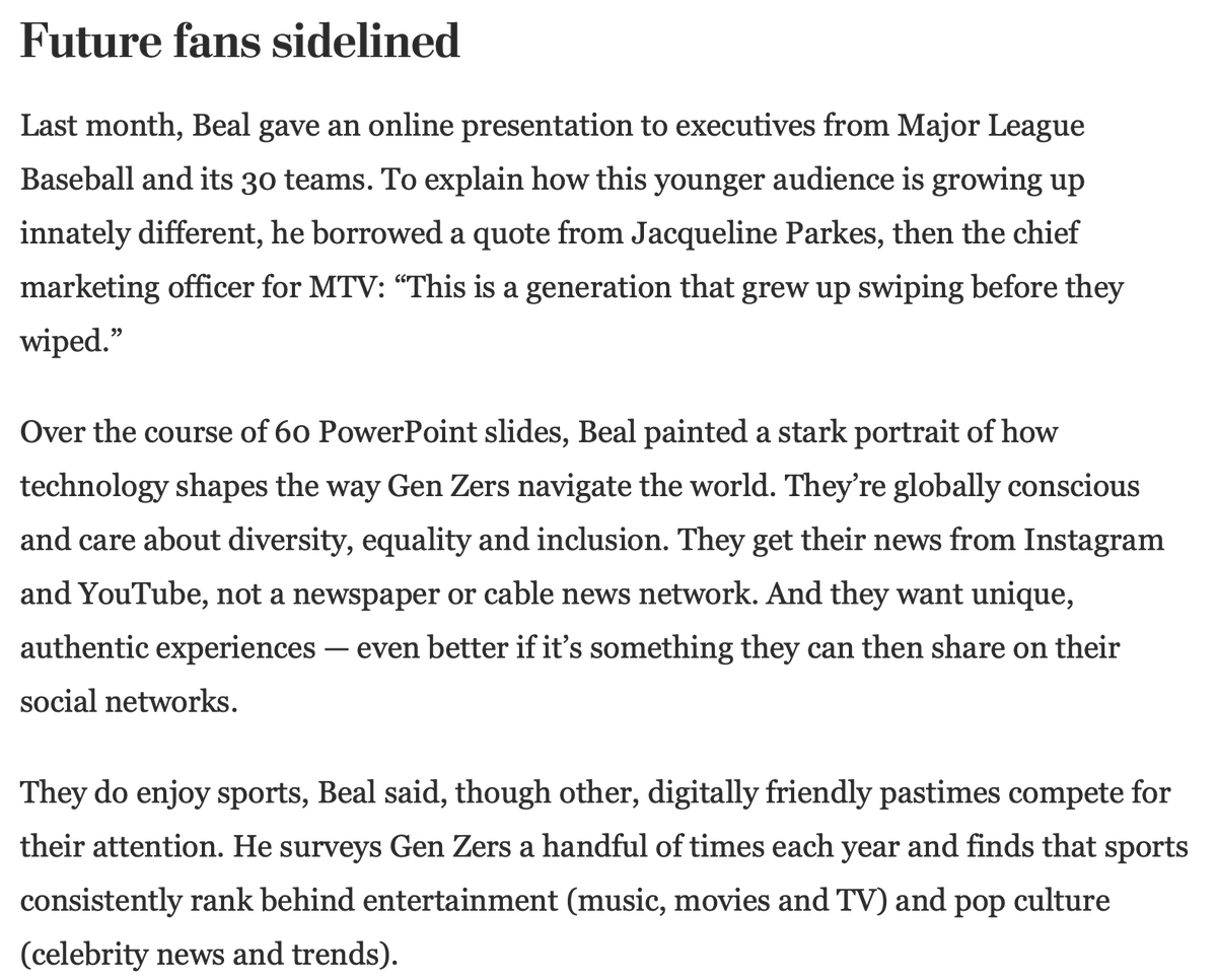 Well, Gen Z has been hard to crack. In November,  @RickMaese wrote "Sports has a Gen Z problem" in The Washington Post.  https://www.washingtonpost.com/sports/2020/11/24/gen-z-sports-fans/